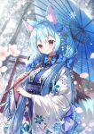  07touka25 1girl animal_ears bell blue_hair blue_umbrella brown_eyes butterfly_bow cherry_blossoms commentary_request fox_ears fox_girl fox_tail highres japanese_clothes neck_bell original smile snowflakes tail torii umbrella 