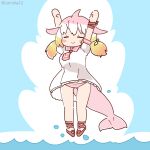  1girl arms_up blue_background cetacean_tail chinese_white_dolphin_(kemono_friends) coroha dolphin_girl dress fins fish_tail full_body head_fins jumping kemono_friends long_hair looking_at_viewer multicolored_hair necktie orange_hair panties pink_hair ribbon sailor_collar sailor_dress shoes simple_background solo tail two-tone_hair underwear 