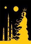 2015 binary_suns black_background carcosa cloak clothing crown digital_drawing_(artwork) digital_media_(artwork) eldritch_abomination floating_crown hastur_the_king_in_yellow_(h.p._lovecraft) headgear humanoid monochrome scp_foundation side_view silhouette simple_background sky solo spires sun sunnyclockwork tentacle_creature tentacles torn_cloak torn_clothing yellow_and_black