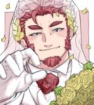  1boy bara blue_eyes blush border bridal_veil claude_(housamo) closed_mouth collared_shirt commentary facial_hair falling_petals flower gloves goatee highres hokke_(ynukk_523) laurel_crown long_sideburns looking_at_viewer male_focus mature_male outside_border petals pink_background reaching reaching_towards_viewer red_flower red_hair red_rose rose shirt short_hair sideburns smile solo symbol-only_commentary thick_eyebrows tokyo_afterschool_summoners upper_body veil white_border white_gloves white_shirt yellow_flower yellow_rose 
