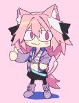  &lt;|&gt;_&lt;|&gt; :3 anemielle animal_ear_fluff animal_ears astolfo_(fate) astolfo_(memories_at_trifas)_(fate) belt black_bow black_skirt blush bow braid cat_ears cat_tail crop_top cross cross_necklace fang fate/apocrypha fate/grand_order fate_(series) fusion hair_bow hair_intakes hair_ribbon highres jacket jewelry long_braid long_hair looking_at_viewer melty_blood midriff multicolored_hair necklace neco-arc neco_spirit official_alternate_costume pink_hair purple_eyes ribbon shirt simple_background single_braid skirt smile solo standing striped sweater_jacket tail tsukihime type-moon 