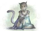  1girl adventurer_(ff11) animal_ears blonde_hair blue_eyes breasts cat_ears cat_girl cat_tail cleavage closed_mouth detached_sleeves facial_mark final_fantasy final_fantasy_xi hairband highres long_sleeves medium_breasts mithra_(ff11) piyoco short_hair sitting solo tail tail_raised toeless_legwear whisker_markings 