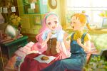  2girls blonde_hair blue_overalls bokujou_monogatari bouquet braid braided_ponytail brown_corset closed_eyes cookie corset food green_hairband hairband highres indoors long_hair looking_at_another mirror multiple_girls nshi open_mouth overalls pink_hair popuri_(bokujou_monogatari) puffy_short_sleeves puffy_sleeves ran_(bokujou_monogatari) red_eyes red_skirt shirt short_sleeves sitting skirt smile sunlight wavy_hair white_shirt yellow_shirt 