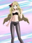  1girl ass_visible_through_thighs bangs bare_arms black_bra blonde_hair blue_eyes bra breasts caitlin_(pokemon) cleavage collarbone d: floating_hair grey_hairband hairband highres long_hair looking_at_viewer nail_polish navel open_mouth panties panties_under_pantyhose pantyhose parted_bangs pokemon pokemon_(game) pokemon_bw red_nails shiny shiny_hair small_breasts solo standing strapless strapless_bra tsukishiro_saika underwear very_long_hair 