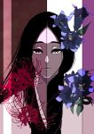  1girl anno_im black_hair bleach close-up commentary flower grey_eyes haori heterochromia highres japanese_clothes kimono long_hair looking_at_viewer red_eyes solo unohana_retsu 