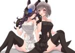  2girls :o absurdres bare_shoulders black_dress black_gloves black_hair black_thighhighs blue_flower blue_rose bob_cut bow clothing_cutout commentary curren_chan_(umamusume) dress dress_bow ear_covers feet_out_of_frame flower frilled_dress frills gloves grey_hair hair_flower hair_ornament hair_over_one_eye hand_on_own_knee highres holding holding_whisk horse_girl knee_up knees_up legs long_hair looking_at_viewer matching_outfits multiple_girls navel_cutout open_mouth parted_lips purple_eyes rice_shower_(umamusume) rose shadow short_hair side-by-side simple_background sitting strapless strapless_dress taiyaki_yaita thighhighs tilted_headwear umamusume whisk white_background white_dress white_headwear 
