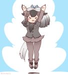  1girl animal_ears arms_up black_hair black_wildebeest_(kemono_friends) blue_background coroha cow_ears cow_girl cow_horns cow_tail extra_ears full_body horns jumping kemono_friends long_hair looking_at_viewer necktie pantyhose ribbon shirt shoes simple_background skirt solo tail 