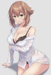  1girl absurdres black_bra blush bra breasts brown_hair gradient_background green_eyes grey_background highres kantai_collection large_breasts long_sleeves looking_at_viewer monoku mutsu_(kancolle) panties shirt short_hair sitting smile solo underwear white_shirt 