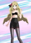  1girl bangs bare_arms black_bra black_skirt blonde_hair blue_eyes bra breasts caitlin_(pokemon) cleavage collarbone covered_navel d: floating_hair grey_hairband hairband highres long_hair looking_at_viewer midriff miniskirt nail_polish open_mouth pantyhose parted_bangs pencil_skirt pokemon pokemon_(game) pokemon_bw red_nails shiny shiny_hair skirt small_breasts solo standing stomach strapless strapless_bra tsukishiro_saika underwear very_long_hair 