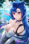  1girl artist_name blue_hair breasts choker cloud day dragon_girl dragon_horns dragon_tail english_commentary highres horns indie_virtual_youtuber long_hair looking_at_viewer medium_breasts multiple_horns outdoors red_eyes second-party_source smile solo tail teeth unsomnus upper_body vienna_(vtuber) vienna_(vtuber)_(3rd_costume) virtual_youtuber watermark 