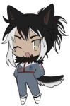  1girl animal_ears black_hair bodysuit boots borrowed_character chest_harness chibi colored_tips dog_ears dog_girl dog_tail full_body green_eyes grey_bodysuit grey_hair hands_in_pockets harness husky lapithai looking_at_viewer lowres multicolored_hair one_eye_closed open_mouth original ponytail sidelocks simple_background solo standing tail transparent_background tsurime white_footwear 
