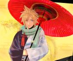  1boy blonde_hair blue_eyes closed_mouth cloud_strife cloud_strife_(official_festive_garb) crossed_arms final_fantasy final_fantasy_vii final_fantasy_vii_ever_crisis final_fantasy_vii_remake flower_knot hair_between_eyes holding holding_umbrella japanese_clothes light_smile lurowono male_focus official_alternate_costume oil-paper_umbrella scarf short_hair signature solo spiked_hair two-tone_kimono umbrella upper_body wide_sleeves yellow_background 