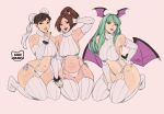  3girls bracelet breasts bun_cover chun-li crossover detached_sleeves double_bun garter_straps hair_bun head_wings highres jewelry kamii_momoru low_wings meme_attire morrigan_aensland multiple_crossover multiple_girls panties ponytail purple_wings ribbed_sleeves ribbed_sweater ribbed_thighhighs seiza shiranui_mai side-tie_panties sideboob sitting sleeveless sleeveless_turtleneck spiked_bracelet spikes street_fighter sweater the_king_of_fighters thighs turtleneck underwear vampire_(game) virgin_destroyer_sweater white_garter_straps white_panties wings 