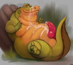 alligator alligatorid anthro bodily_fluids crocodilian cum cum_on_chest cum_on_face cumshot disney ejaculation erection genital_fluids genitals hi_res looking_at_genitalia looking_at_penis looking_pleasured louis_(tpatf) male moobs nude nude_male overweight overweight_male penis reptile scalie solo the_princess_and_the_frog uniparasite