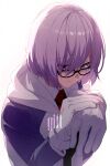 1girl black_dress dress echo_(circa) fate/grand_order fate_(series) glasses gloves grey_jacket hair_over_one_eye jacket long_sleeves mash_kyrielight necktie open_clothes open_jacket purple_eyes purple_hair short_hair smile solo white_gloves 