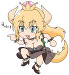  1girl black_bracelet black_choker black_dress black_footwear blonde_hair blue_eyes bowsette bracelet breasts choker cleavage crown dragon_girl dragon_tail dress fang full_body genba_neko_(meme) genderswap genderswap_(mtf) high_heels jewelry long_hair looking_to_the_side mario_(series) meme new_super_mario_bros._u_deluxe open_mouth pointing pointing_to_the_side simple_background solo spiked_bracelet spiked_choker spikes standing standing_on_one_leg tail white_background yashiro_yuuya 