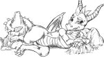 activision claws dragon helmeet_el_gato horn looking_at_viewer lying male membrane_(anatomy) membranous_wings monochrome on_side rock scalie small_wings smile smirk solo spyro spyro_the_dragon western_dragon wings