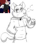 2024 2d_(artwork) angry anthro black_clothing blowing clothing digital_drawing_(artwork) digital_media_(artwork) domestic_cat felid feline felis female fur glare glaseeboy gun gun_smoke hand_in_pocket inspired_by_formal_art mammal monochrome pink_body pink_fur pockets raised_tail ranged_weapon red_eyes screencap shima_prime sketch slim smoke solo solo_focus super_planet_dolan sweater tail topwear weapon yellow_sclera