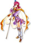  1girl artist_request brooch cape dress ethlyn_(fire_emblem) fire_emblem fire_emblem:_genealogy_of_the_holy_war full_body highres holding holding_staff jewelry looking_at_viewer official_art outstretched_arm pink_eyes pink_hair purple_dress smile solo staff standing white_footwear yellow_cape 