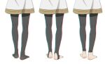  1girl barefoot black_leggings black_pantyhose dress frieren from_behind gold_trim kneepits leggings legs lower_body multiple_views no_shoes oto1_030 pantyhose simple_background sousou_no_frieren stirrup_legwear toeless_legwear white_background white_dress 