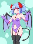  absurdres bat_wings black_thighhighs blue_hair breasts cleavage clothing_cutout dated demon_girl demon_horns demon_tail elbow_gloves gloves green_background highres horns jinnouchi_akira kawashiro_nitori leotard looking_at_viewer navel navel_cutout parted_lips purple_gloves purple_leotard red_eyes red_horns signature standing tail thigh_strap thighhighs touhou twintails wings 