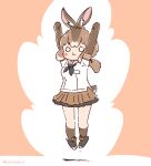  1girl animal_ears arms_up bow bowtie brown_hair coroha elbow_gloves extra_ears full_body gloves japanese_hare_(kemono_friends) jumping kemono_friends long_hair looking_at_viewer pink_background rabbit_ears rabbit_girl rabbit_tail sailor_collar shirt shoes simple_background skirt socks solo tail 