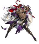  1boy abs bird bruno_(winter)_(fire_emblem) cameo candy candy_cane clenched_teeth dark-skinned_male dark_skin feh_(fire_emblem_heroes) fire_emblem fire_emblem_heroes food gloves gold gold_trim grey_hair hat highres holding holding_candy holding_candy_cane holding_food holding_sack muscular muscular_male non-web_source official_alternate_costume official_art owl purple_gloves sack santa_costume santa_hat solo teeth topless_male torn_clothes 