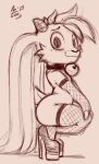 aer0_zer0 anthro bell billie_(billie_bust_up) billie_bust_up boots bovid caprine clothing collar crouching female fishnet fishnet_clothing fishnet_legwear footwear goat hi_res high_heeled_boots high_heels horn legwear long_ears mammal nervous nervous_expression nervous_smile sketch sketchy small_horn solo squatting_position