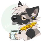  black_body black_ears black_fur black_nose canid cheek_tuft collar facial_tuft fur glistening glistening_eyes gold_(metal) gold_collar gold_piercing gold_spikes grey_body grey_fur grey_tongue hair holding_mug holding_object inner_ear_fluff male mammal mug neck_tuft princelykaden side_view simple_background solo spiked_collar spikes stud_piercing tan_eyes tired tongue tuft white_body white_fur white_hair white_inner_ear_fluff 