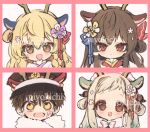  1boy 3girls animal_ears black_hair black_headwear blonde_hair border bow braid brown_eyes brown_hair chinese_zodiac commentary_request dragon_horns flower flower_knot forehead fur_collar gradient_hair hair_between_eyes hair_bow hair_ribbon hakurei_reimu hanako_(jibaku_shounen_hanako-kun) hat horns jibaku_shounen_hanako-kun kirisame_marisa long_hair multicolored_hair multiple_girls new_year open_mouth piyokichi red_border red_bow red_eyes red_ribbon ribbon short_bangs short_hair signature single_braid smile touhou white_background white_hair yashiro_nene year_of_the_dragon yellow_eyes 