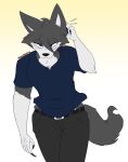  2020 anthro black_bottomwear black_clothing black_pants blue_clothing blue_shirt blue_topwear bottomwear canid canine canis cheek_tuft clawed_fingers clothed clothing dew_(dewwydarts) dewwydarts facial_tuft fluffy fluffy_tail fur grey_body grey_fur grey_hair hair looking_at_viewer male mammal pants scratching shirt simple_background solo topwear tuft wolf 