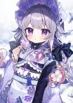  1girl animal_print blush bonnet butterfly_print gloves grey_hair hair_flaps highres holding_pacifier hololive hololive_english japanese_clothes jewel_under_eye kimono koseki_bijou koseki_bijou_(new_year) lace-trimmed_gloves lace_trim long_hair looking_at_viewer noi_mine official_alternate_costume open_mouth pacifier purple_eyes purple_headwear solo virtual_youtuber white_kimono 