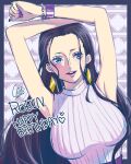  1girl arms_up black_hair blue_eyes bracelet chaa_(aoichar522_) commentary_request dated earrings eyelashes hair_slicked_back happy_birthday highres jewelry long_hair looking_at_viewer loose_hair_strand nico_robin one_piece pink_lips purple_nails solo turtleneck_shirt upper_body 