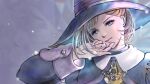  1girl adventurer_(ff11) artist_name black_headwear black_mage blue_eyes brown_hair closed_mouth final_fantasy final_fantasy_xi fingernails hat head_tilt highres hume light_particles long_sleeves pink_lips piyoco short_hair sleeve_cuffs solo upper_body witch_hat 
