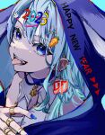  1girl 2023 aqua_background blue_eyes blue_hair blue_jacket blue_nails carrot_hair_ornament collared_shirt ear_piercing earrings food-themed_hair_ornament hair_ornament hairclip happy_birthday highres hololive hood hood_up hooded_jacket hoshimachi_suisei jacket jewelry long_hair looking_at_viewer mirai99 multiple_rings open_mouth pendant_choker piercing ring shirt sleeveless sleeveless_shirt smile solo star_(symbol) star_hair_ornament star_in_eye symbol_in_eye teeth tongue tongue_out tongue_piercing upper_body virtual_youtuber white_shirt 