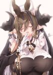  1girl 218 animal_ears bangs breasts brown_hair closed_eyes detached_sleeves frills galleon_(granblue_fantasy) gloves granblue_fantasy hair_between_eyes horns large_breasts long_hair pointy_ears solo very_long_hair white_gloves 