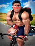  1boy artisticjinsky bara bicycle black_hair black_shorts blush censored clothing_aside cyclist day erection feet_out_of_frame fingerless_gloves gloves helmet highres holding holding_helmet large_pectorals looking_at_viewer male_focus muscular muscular_male nipples original outdoors pectorals penis red_gloves riding riding_bicycle scribble_censor short_hair shorts shorts_aside smile solo thick_thighs thighs 