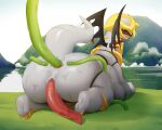  3_toes altered_forme_giratina anal anal_penetration animal_genitalia anus barefoot big_butt blush bodily_fluids butt claws detailed_background erection feet feral fog genital_slit genitals giratina grass hi_res horn huge_butt legendary_pok&eacute;mon looking_at_viewer looking_back male manene mountain nintendo open_mouth outside penetration penis plant pok&eacute;mon pok&eacute;mon_(species) red_eyes sky slit soles solo spread_anus spreading sweat tentacles toe_claws toes tongue tongue_out video_games vines water wings yellow_claws 