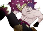  1boy abs arched_back armor bara burn_scar charlotte_cracker feet_out_of_frame from_above gloves highres liliiliillj looking_at_viewer lying male_focus muscular muscular_male on_back one_piece pauldrons pectorals purple_hair sanpaku scar shoulder_armor simple_background single_pauldron solo spread_legs topless_male tsurime 