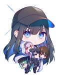  4girls arius_squad_(blue_archive) atsuko_(blue_archive) baseball_cap black_hair black_headwear black_pants black_shirt blue_archive blue_eyes blue_hair breasts carrying carrying_person chibi closed_mouth coat colored_inner_hair green_hair hair_over_one_eye halo hat highres hiyori_(blue_archive) hood hood_up hooded_coat long_hair looking_at_viewer medium_breasts midriff misaki_(blue_archive) multicolored_hair multiple_girls pants peeking_out purple_hair red_eyes saori_(blue_archive) shirt simple_background standing uko_magi white_background white_coat 