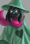  &lt;3 absurd_res akenju anthro black_body black_fur bovid caprine clothed clothing deltarune eyewear fur glasses goat grey_background hat headgear headshot_portrait headwear heart_(marking) hi_res horn looking_at_viewer male mammal portrait ralsei scarf simple_background solo undertale_(series) video_games white_eyes 