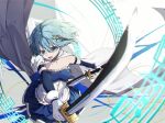  1girl bare_shoulders blue_eyes blue_hair cape cowboy_shot detached_sleeves dual_wielding fortissimo gloves hair_ornament highres holding holding_sword holding_weapon looking_at_viewer magical_girl mahou_shoujo_madoka_magica mahou_shoujo_madoka_magica_(anime) miki_sayaka musical_note musical_note_hair_ornament open_mouth short_hair simple_background smile solo strapless sword user_jjag2225 weapon white_background white_cape white_gloves 
