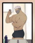  1boy bara black_male_underwear bulge grey_hair highres holding holding_phone large_pectorals long_sideburns looking_at_viewer male_focus male_underwear mask mouth_mask multicolored_hair muscular muscular_male nipples original pectorals phone pink_hair porkjinta selfie short_hair sideburns solo strongman_waist thick_eyebrows two-tone_hair undercut underwear 