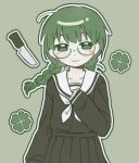  1girl black_serafuku black_shirt black_skirt braid cai_(cabbage_0j0) clover clover_knight_(vocaloid) collarbone commentary cowboy_shot floating_hair four-leaf_clover glasses green_background green_eyes green_hair half-closed_eyes hand_on_own_chest highres knife light_blush long_hair long_sleeves looking_at_viewer low_twin_braids neckerchief outline sailor_collar school_uniform serafuku shirt simple_background skirt sleeves_past_wrists smile solo straight-on symbol-only_commentary twin_braids vocaloid white_neckerchief white_outline white_sailor_collar 