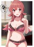  1girl ? absurdres bed bedroom blurry blurry_background blush bra breasts chair cleavage collarbone commentary_request cowboy_shot ginmugi highres idolmaster idolmaster_shiny_colors komiya_kaho lampshade long_hair looking_at_viewer medium_breasts messy navel open_mouth panties red_eyes red_hair shadow solo spoken_question_mark standing stomach sunlight underwear window 