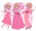  1girl absurdres blonde_hair border breasts closed_mouth crown dress earrings floral_print food full_body hair_between_eyes hat high_heels highres holding holding_clothes holding_food holding_hat holding_umbrella japanese_clothes jewelry kimono long_dress long_hair long_skirt long_sleeves mario_(series) medium_breasts milkoe mini_crown multiple_views mushroom neckerchief obi parasol pink_background pink_dress pink_kimono pink_neckerchief pink_skirt ponytail princess_peach puffy_short_sleeves puffy_sleeves red_footwear sandals sash shirt short_sleeves skirt smile sparkle umbrella white_border white_footwear white_headwear white_shirt 