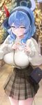  1girl absurdres ako_(blue_archive) alternate_costume bag black_hairband blue_archive blue_eyes blue_hair blue_nails blush breasts brown_skirt closed_mouth commission fingernails hair_between_eyes hairband halo heart heart_hands highres korean_commentary large_breasts long_hair long_sleeves looking_at_viewer mixed-language_commentary murabana44 nail_polish pixiv_commission plaid plaid_skirt pleated_skirt purple_halo shoulder_bag skirt solo sweater white_sweater 