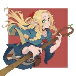  1girl blonde_hair blue_capelet blue_robe braid cape capelet dungeon_meshi elf green_eyes hair_around_ear holding holding_staff hood hooded_capelet marcille_donato pointy_ears robe sinnra_art staff 