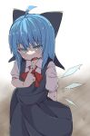  1girl ahoge arm_behind_back bangs blue_dress blue_eyes blue_hair bow bowtie cirno clothes_pull collared_shirt dress fang hair_bow highres ice ice_wings kae_karee looking_at_viewer melting open_mouth pinafore_dress pulled_by_self red_bow red_bowtie shirt short_hair short_sleeves simple_background solo standing touhou white_background white_shirt wings 