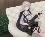  1girl absurdres apc556_(girls&#039;_frontline) assault_rifle b&amp;t_apc556 black_jacket braid breasts chest_harness cleavage collared_shirt commission couch crossed_legs expressionless fingerless_gloves french_braid girls&#039;_frontline gloves green_eyes grey_hair gun harness highres jacket jacket_on_shoulders long_hair neck_ribbon pixiv_commission ribbon rifle shirt sitting skirt solo teizen_(rkm8656) thigh_strap very_long_hair weapon white_shirt 